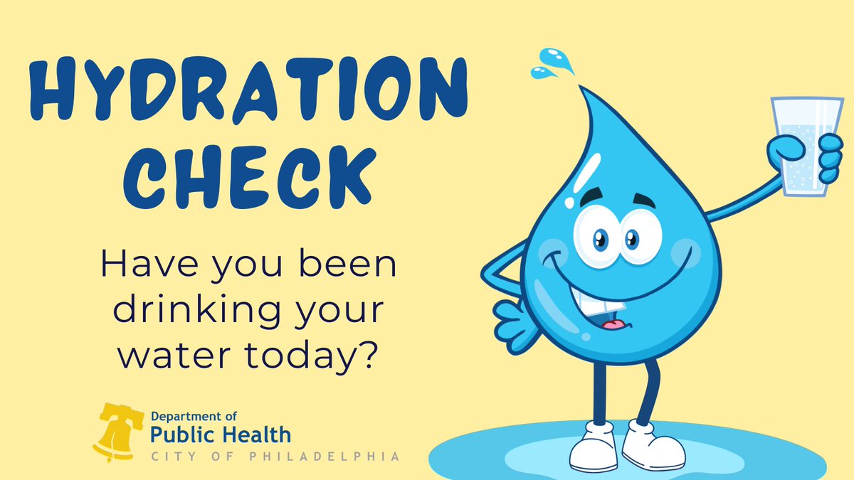 PHLHlthPrepare's tweet image. It's going to be HOT today, #Philly! 🥵
That's makes this the perfect time for a hydration check.
Don't wait until you're feeling thirsty to drink! Make sure to hydrate throughout the day. #StayCoolPHL