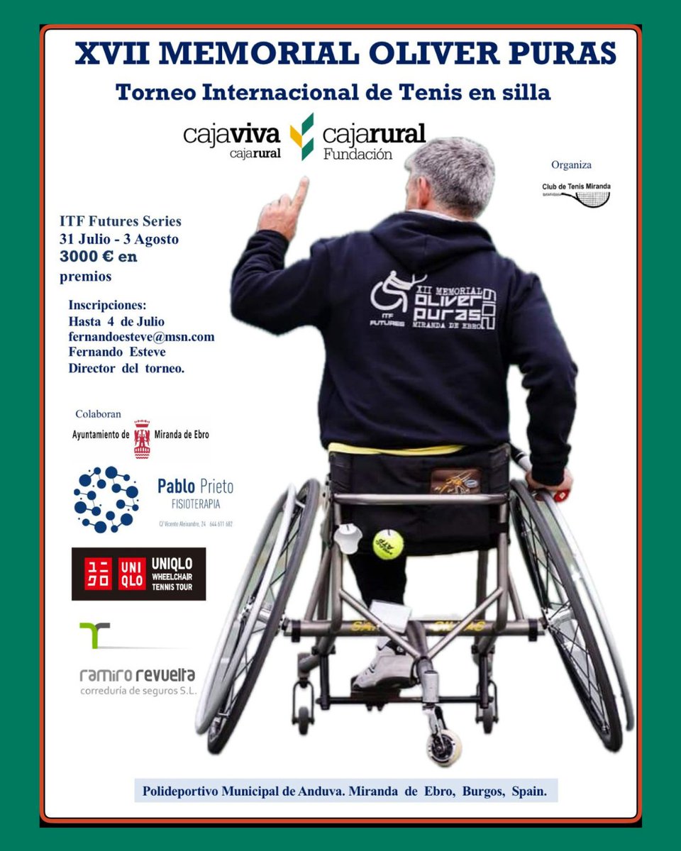 XVII Memorial Oliver Puras

📍Del 31 al 3 de Agosto 
📍Miranda de Ebro
 🏆Premio de 3.000€

Creemos firmemente que apoyar el deporte inclusivo es apostar por una sociedad más justa, más fuerte y con más oportunidades para todos 💚