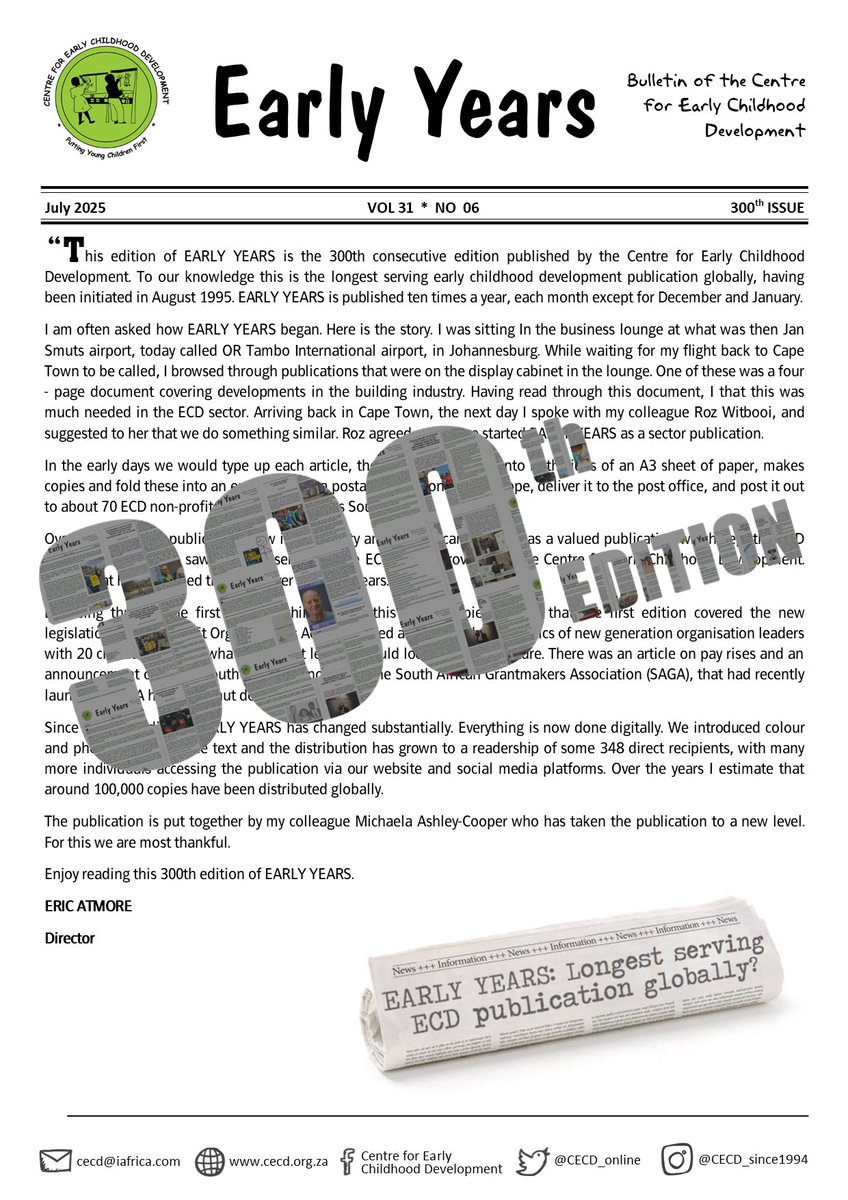 Centre for ECD (@cecd_online) on Twitter photo We are happy to announce that the 300th edition of EARLY YEARS, CECD's monthly newsletter to the ECD sector, has just been published!
To our knowledge EARLY YEARS is the longest serving ECD publication globally, having been initiated in August 1995. shorturl.at/7gVme We are happy to announce that the 300th edition of EARLY YEARS, CECD's monthly newsletter to the ECD sector, has just been published!
To our knowledge EARLY YEARS is the longest serving ECD publication globally, having been initiated in August 1995. shorturl.at/7gVme