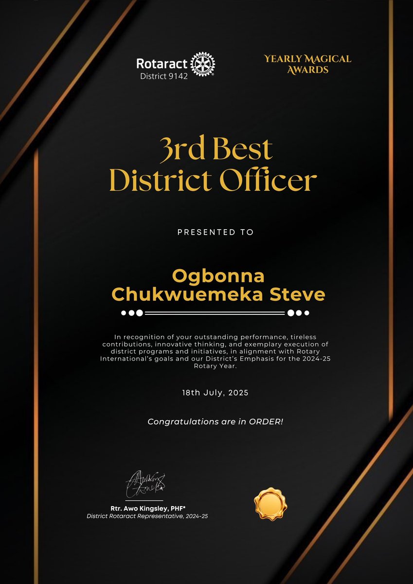 chiefdaddy_one's tweet photo. Introducing the 3rd Best District Officer for the Magic of Rotary year of Rotaract District 9142 ;my humble self.

I dedicate this one to my team mates ; the Zonal Club Service Chairs and Club Service Directors of all the clubs in the district.
Your dedication, selfless services https://t.co/Fy1NjKjPs0
