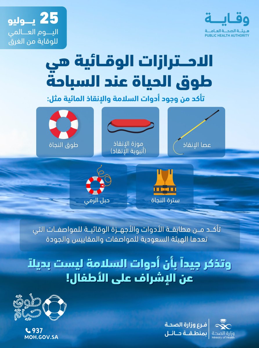 📑 | #توعية 

تعزيز ثقافة السلامة المائية في مجتمعنا يبدأ من الوعي . . شارك المعرفة و احمِ من تحب.

#اليوم_العالمي_للوقاية_من_الغرق  
⁧#طوق_الحياة⁩
#صحة_حائل