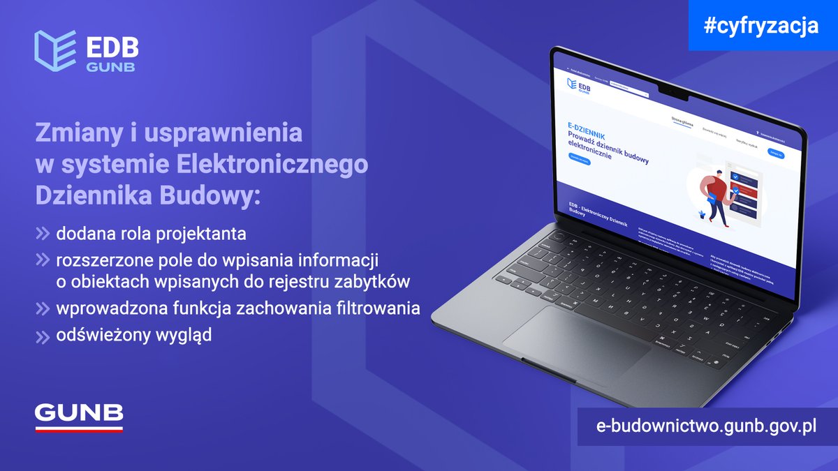 W Elektronicznym Dzienniku Budowy #EDB wprowadziliśmy zmiany i usprawnienia, które są odpowiedzią na potrzeby zgłaszane przez użytkowników. Zwiększą funkcjonalność, ułatwią obsługę formalności i poprawią komfort pracy w systemie.
Więcej👉gunb.gov.pl/aktualnosc/zmi…