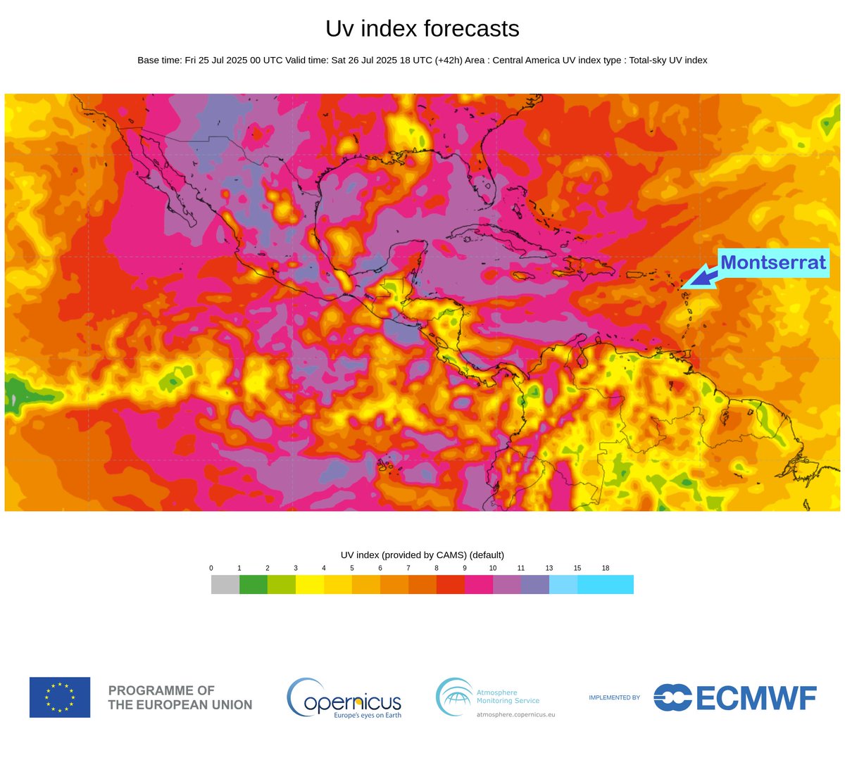 🌞 UV Alert for Montserrat – Friday, 25 July 2025

The UV Index forecast for today in Montserrat ranges from 7 to 8, indicating high levels of ultraviolet (UV) radiation. This means unprotected skin can burn quickly, especially during midday hours.

Please take precautions.