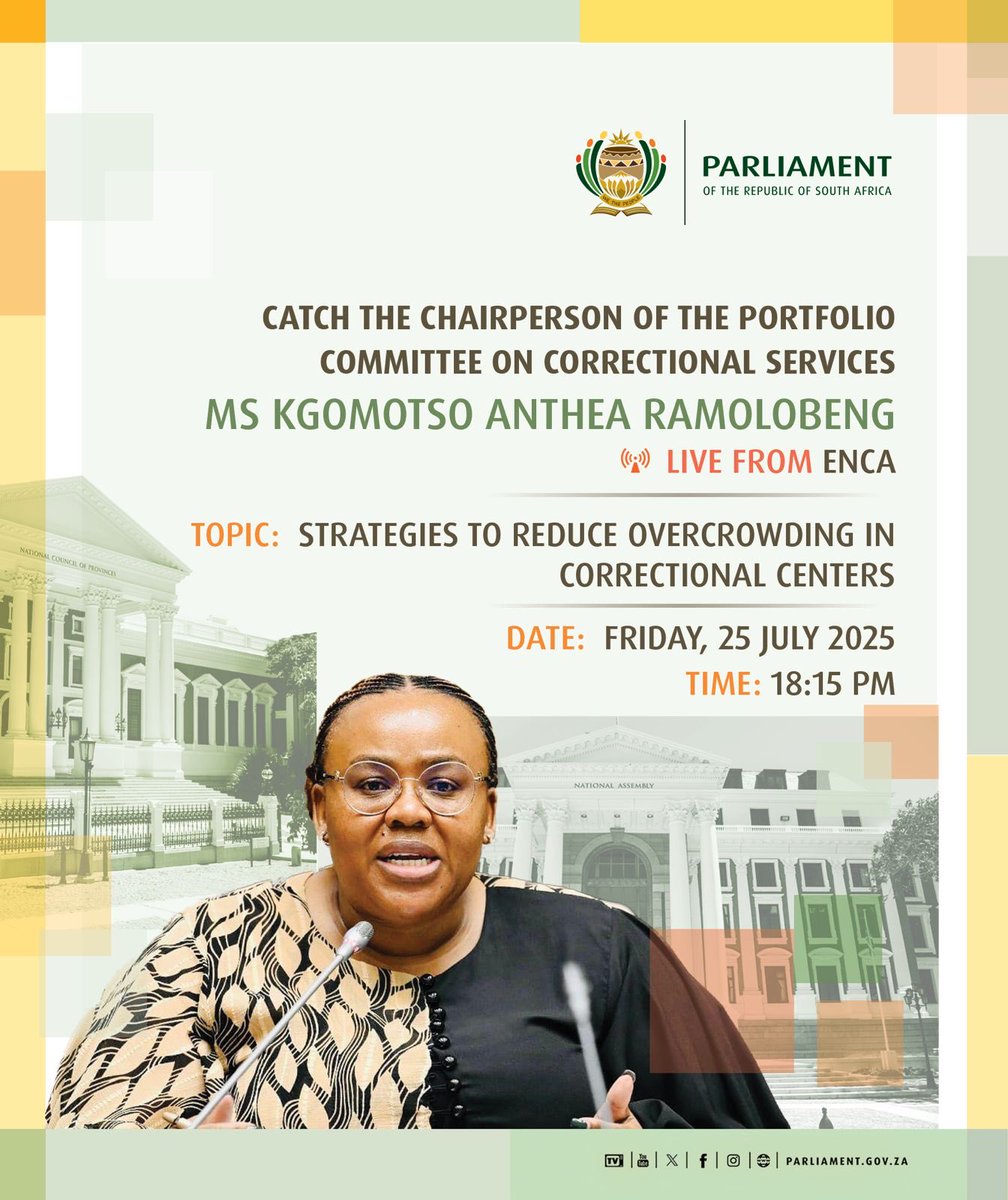 JustSecuCluster's tweet image. Catch the Chairperson of PC on Correctional Services, Ms Kgomotso Anthea Ramolobeng on eNCA 📺 @ParliamentofRSA @DCS_ZA @DOJCD_ZA @GovernanceClus1 @DefenceCluster @EconoCluster @HealthSocClust @FinanceCluster
