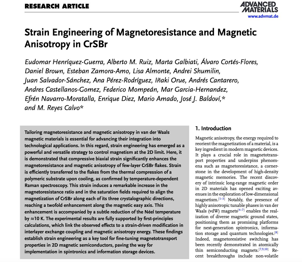 🚀📄 Very happy to share our latest work published in Advanced Materials! 

In this collaborative research led by <a href="/ICMol_UV/">ICMol</a> and <a href="/BCMaterials/">BCMaterials</a>, we demonstrate how strain engineering allows dynamic tuning of magnetoresistance and magnetic anisotropy in the 2D van der Waals magnet