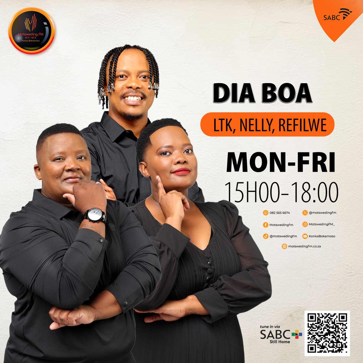 motswedingfm's tweet image. #DiaBoa le
@nelly_moruri
@luckytlale
@BrandFiffy
Botlhagisi ka @Swanktified
☎️: 082 565 6674
🖥️: motswedingfm.co.za
SABC +: sabcplus.com
#MotswedingFM