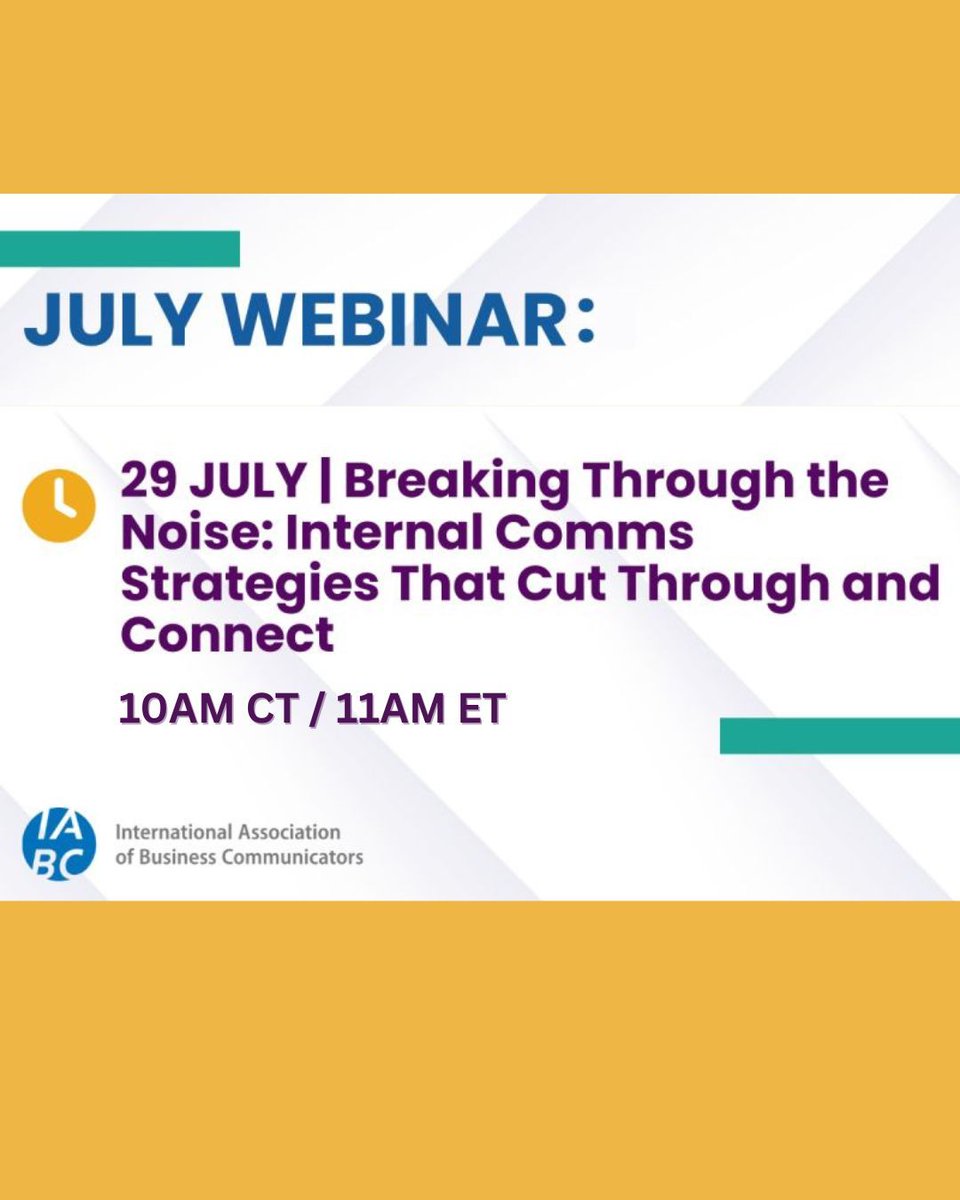 IABCDC's tweet image. Join #IABC for “Breaking Through the Noise: #InternalComms Strategies That Cut Through and Connect” THIS Tues, July 29, at 10am CT / 11am ET.

There’s no charge to attend. 

Register at: buff.ly/DBzD0e3

#IABCDC #IABCUSRegion #IABCUnitedStatesRegion