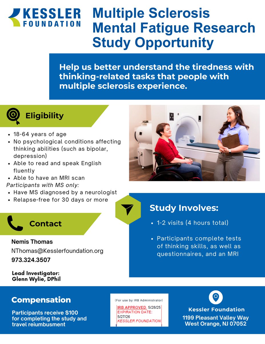 KesslerFdn's tweet image. Experiencing MS-related mental fatigue? Kessler Foundation researchers are studying mental fatigue levels in MS using MRI scans and self-reported data. If you're interested in joining this study, visit: kesslerfoundation.org/research/studi…
#MS #MultipleSclerosis #MSResearch #KesslerResearch…