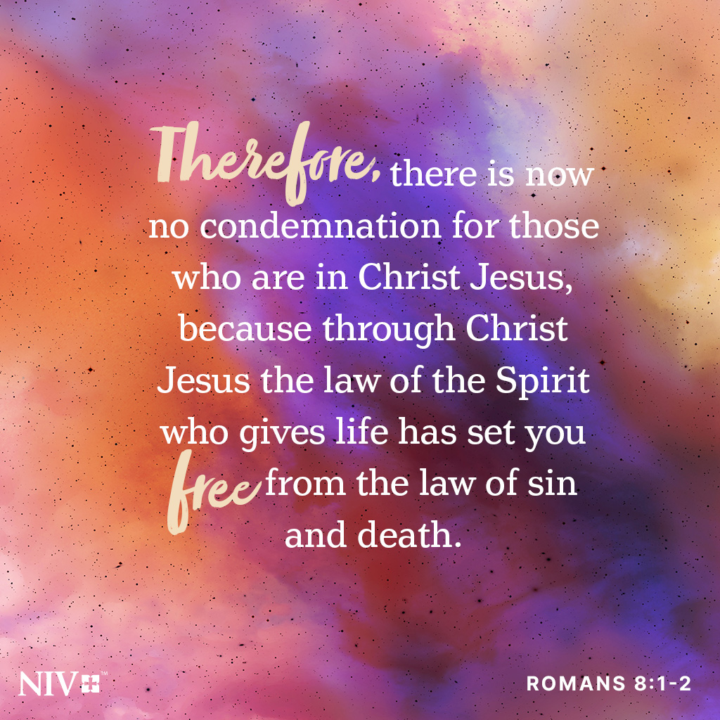 Therefore, there is now no condemnation for those who are in Christ Jesus, because through Christ Jesus the law of the Spirit who gives life has set you free from the law of sin and death. Romans 8:1-2 #niv #nivbible #verseoftheday #votd