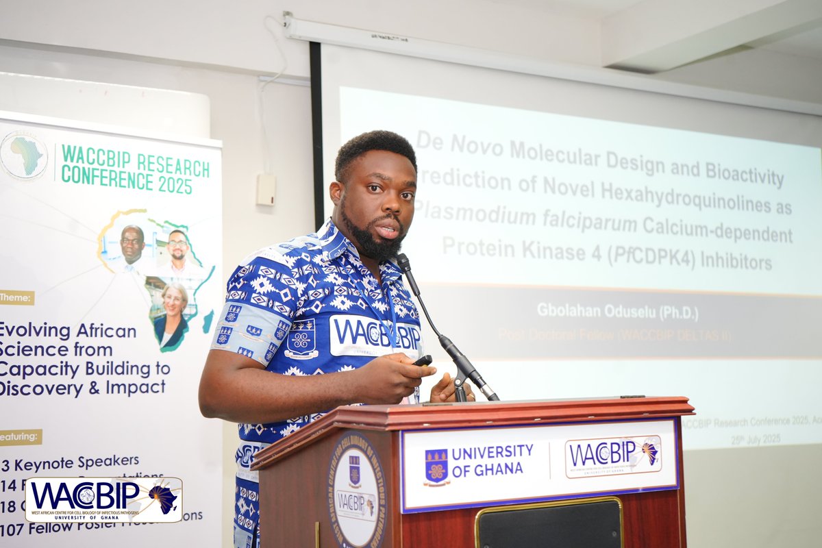 WACCBIP_UG's tweet image. Dr. Gbolahan Oduselu, a WACCBIP postdoctoral fellow, delivered a standout plenary on how AI and machine learning are accelerating malaria drug discovery.
Targeting PfCDPK4, a parasite-specific kinase essential for malaria transmission, his team used AI-driven molecular design to…