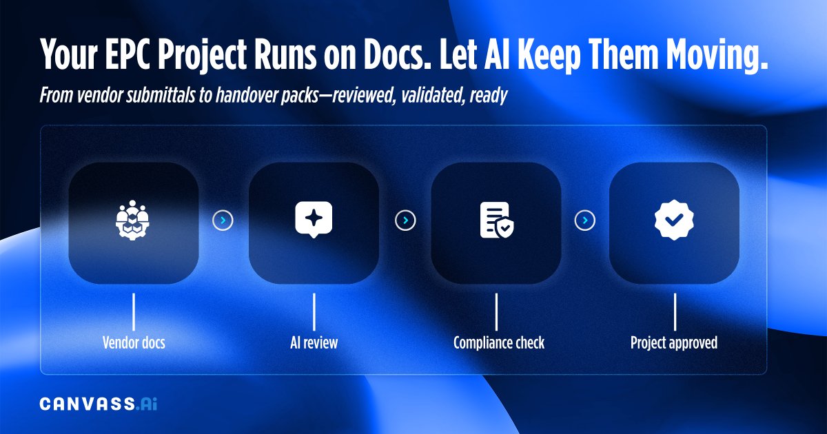 CanvassAI's tweet image. Document review bottlenecks every EPC phase. The Document Review Agent checks specs, flags issues early, and cuts admin time by up to 60% - empowering engineers to win. #EngineeringWorkflows #CanvassAI #EPCOperations #AIreviewAgent