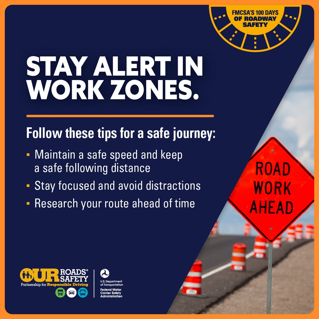FMCSA's tweet image. ⚠️🦺 Be on the lookout for an increase in construction and active work zones during the 100 Days of Summer. Work zones present many challenges which require all drivers to stay alert.
Safety Tips:
✅ Research your route.
✅ Avoid distractions.
✅ Slow down.
✅ Watch for…