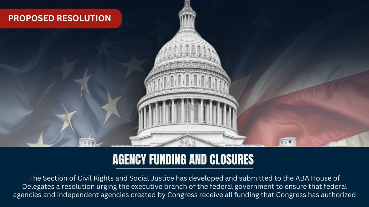 ABA_CRSJ's tweet image. Interested in the ABA Section of Civil Rights and Social Justice's new policies? This August, the ABA House of Delegates will consider 13 resolutions, including one for full funding for federal agencies. Join us! #CivilRights #ABA #PolicyChange