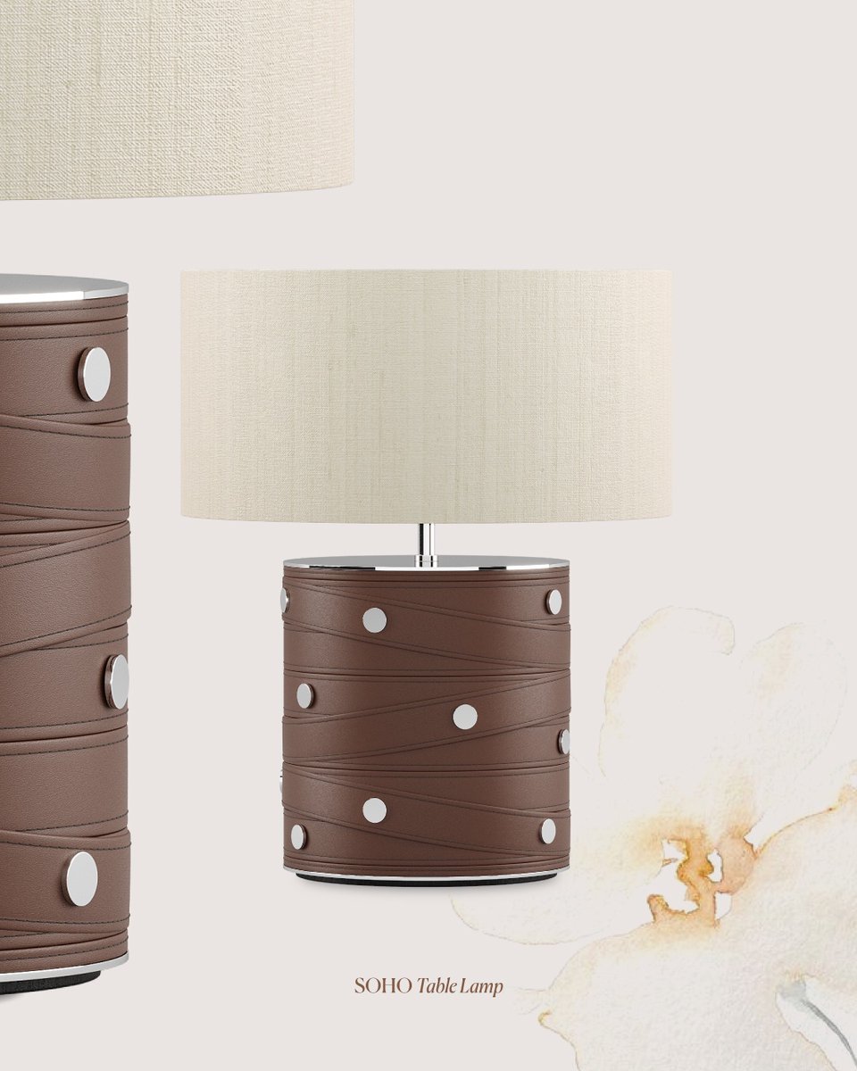 Inspired by the energy of the metropolitan district, the SOHO Table Lamp is an instant icon.
Its base is wrapped in luxe leather, accented with chrome studs and a sleek chrome top plate — a bold mix of texture and shine. 

l8r.it/aeUy