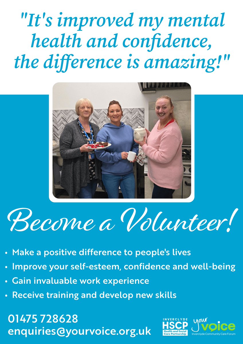 YourVoiceInver's tweet image. Become a Volunteer! 🙂
Build confidence, learn people skills, gain work experience and give back to the community all at once 💚💙
01475 728628
enquiries@yourvoice.org.uk
yourvoice.org.uk/community-conn…
#yourvoice #volunteering #Inverclyde #community #charity