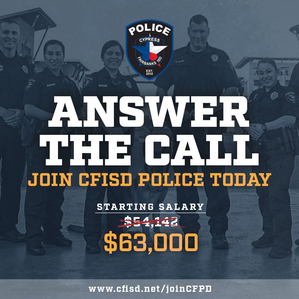 CyFairISD's tweet image. Our @CFISDPDChief is hiring officers! Apply today: buff.ly/qf3phxI. #Work4CFPD