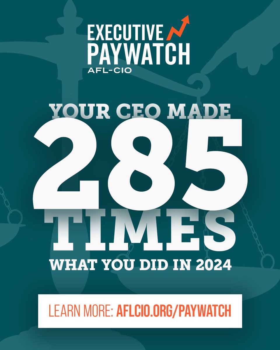 The average CEO-to-worker pay ratio was 285-to-1 for S&amp;P 500 Index companies in 2024. The median employee would have had to start working in 1740 to earn what the average CEO received in 2024. <a href="/AFLCIO/">AFL-CIO ✊</a>

aflcio.org/paywatch