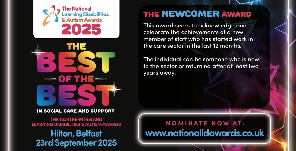 🌟 The Learning Disabilities &amp; Autism Awards – Northern Ireland 🌟

Nominate now 👉 bit.ly/4mcgUc8
🗓️ Nominations close 15th August – don’t miss out!

#LDAwardsNI #SocialCare