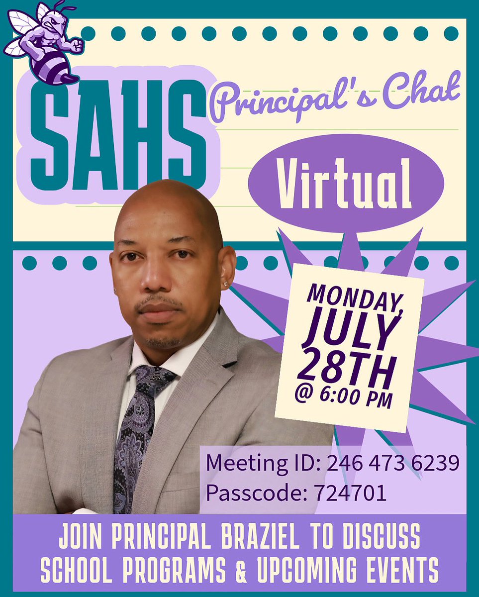 🗣️ Join Principal Braziel for a Virtual Chat on Monday, July 28th at 6 pm to discuss the school’s programs and upcoming events!

Zoom Meeting ID: 246 473 6239
Passcode: 724701

atlantapublicschools-us.zoom.us/j/2464736239?p…