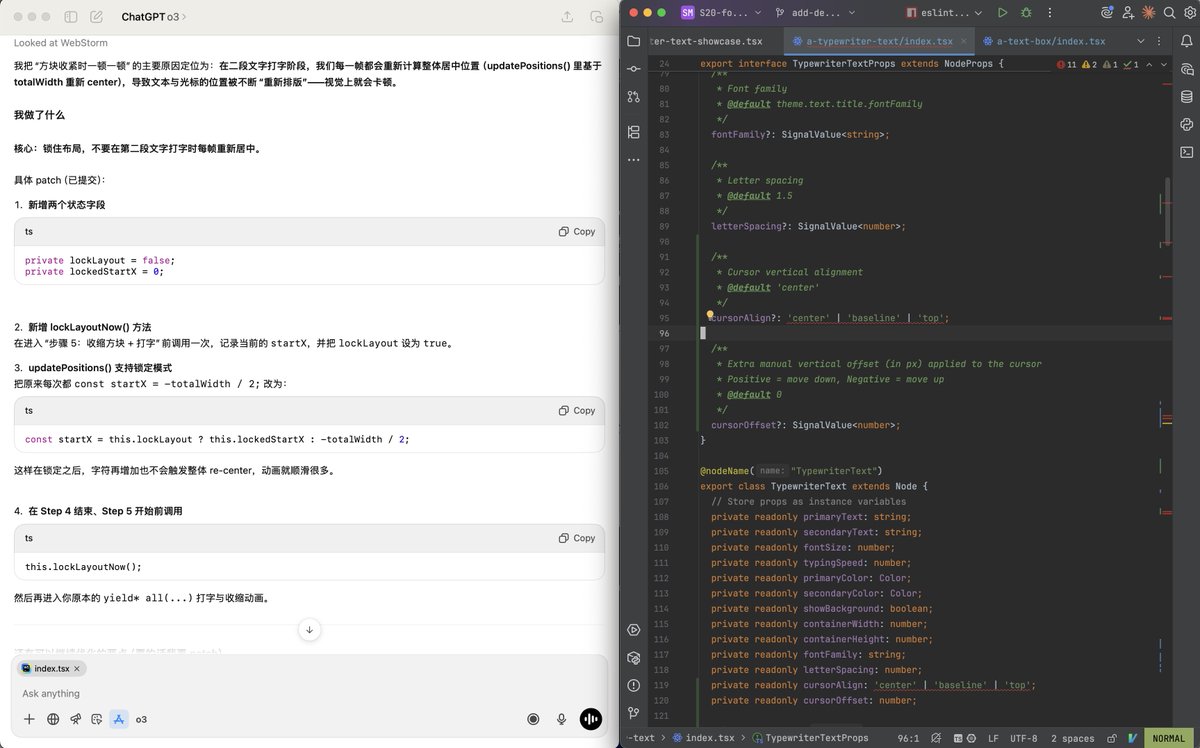 hylarucoder's tweet image. 发现一个新玩法可以让你的 Vibe 代码质量提升不少
开启 IDE 和 ChatGPT 桌面端,聊天窗口把 webstorm 里面的文件加进来。
切 O3 做规划,在 IDE 中对单文件内做严格的 review,接着把结果拖到 claude code 中用 sonnet 中执行
又快又准,至少比最近降智的 opus 准很多很多
