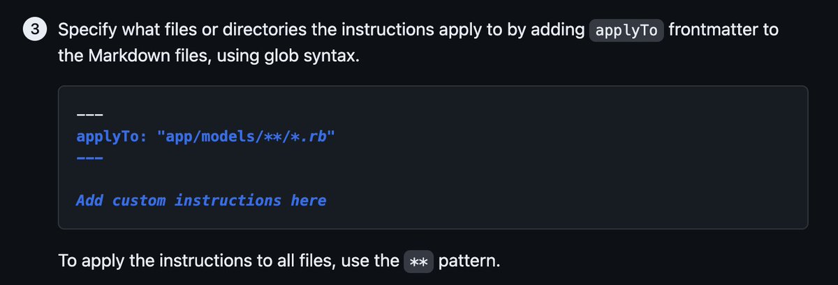 Dev By RayRay -👨💻 (@devbyrayray) on Twitter photo Hi <a href="/code/">Visual Studio Code</a> and <a href="/GitHubCopilot/">GitHub Copilot</a> team 👋,
I'm setting up custom instructions for our organization and found an example for the front matter in the docs. However, they seem to be missing details on other options. I couldn't find anything else—can you help me with this? Hi <a href="/code/">Visual Studio Code</a> and <a href="/GitHubCopilot/">GitHub Copilot</a> team 👋,
I'm setting up custom instructions for our organization and found an example for the front matter in the docs. However, they seem to be missing details on other options. I couldn't find anything else—can you help me with this?