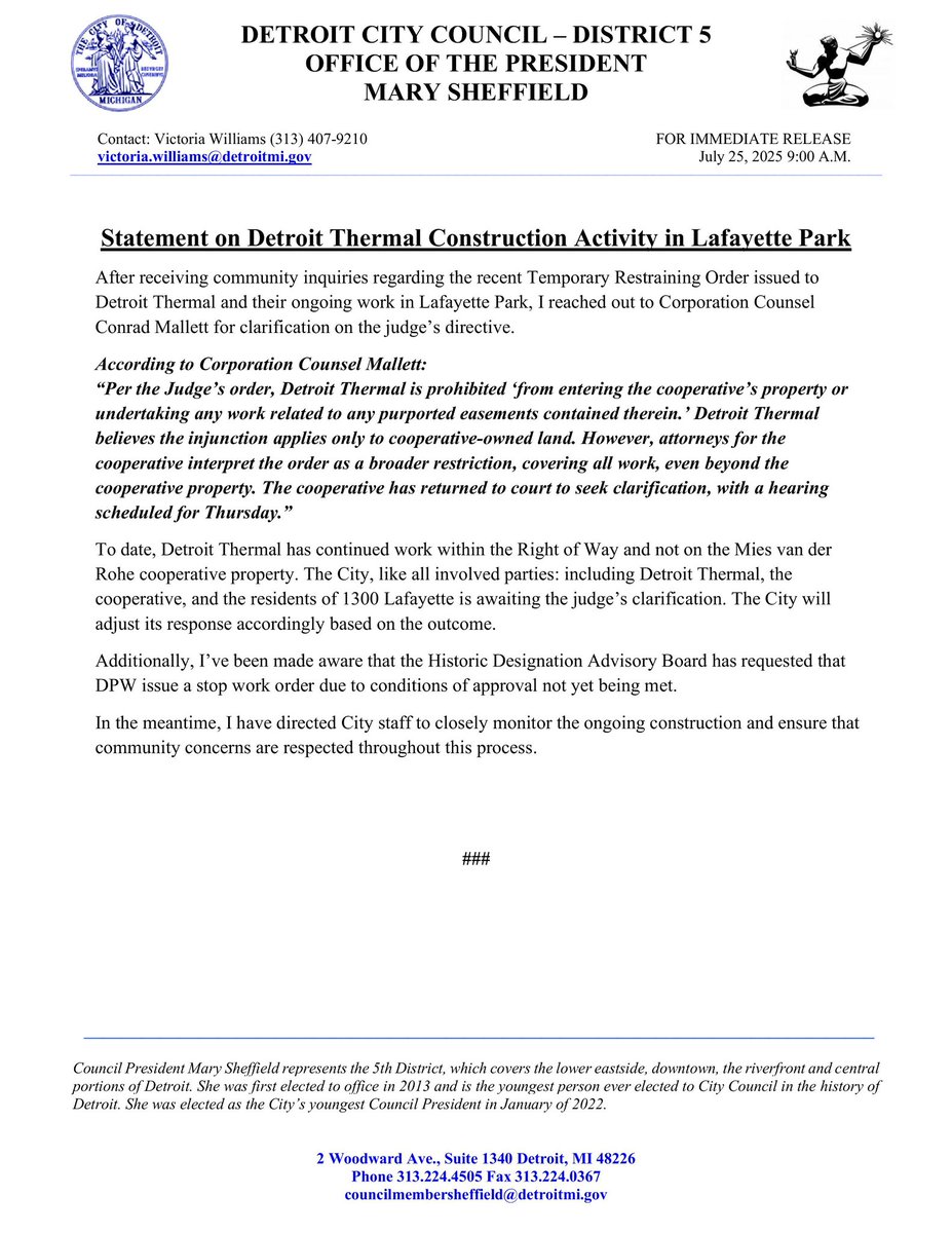 MsMarySheffield's tweet image. We’ve received community questions about Detroit Thermal’s construction activity. The City is closely monitoring the situation and awaiting court clarification. Read my full statement for details: