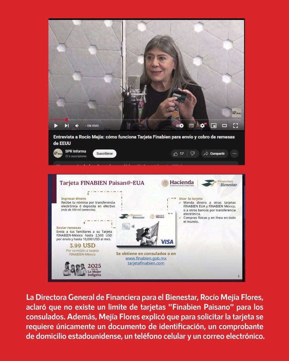 infodemiaMex's tweet image. ❌Falso que habrá un número limitado de tarjetas @FinabienMex en los consulados mexicanos
✅La Directora General de Financiera para el Bienestar, Rocío Mejía Flores, aclaró que no existe un límite de tarjetas "Finabien Paisano" para los consulados
✅Mejía Flores explicó que…