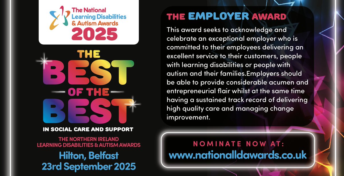 🌟 The Learning Disabilities &amp; Autism Awards – Northern Ireland 🌟

Nominate now 👉 bit.ly/4mcgUc8
🗓️ Nominations close 15th August – don’t miss out!

#LDAwardsNI #SocialCare