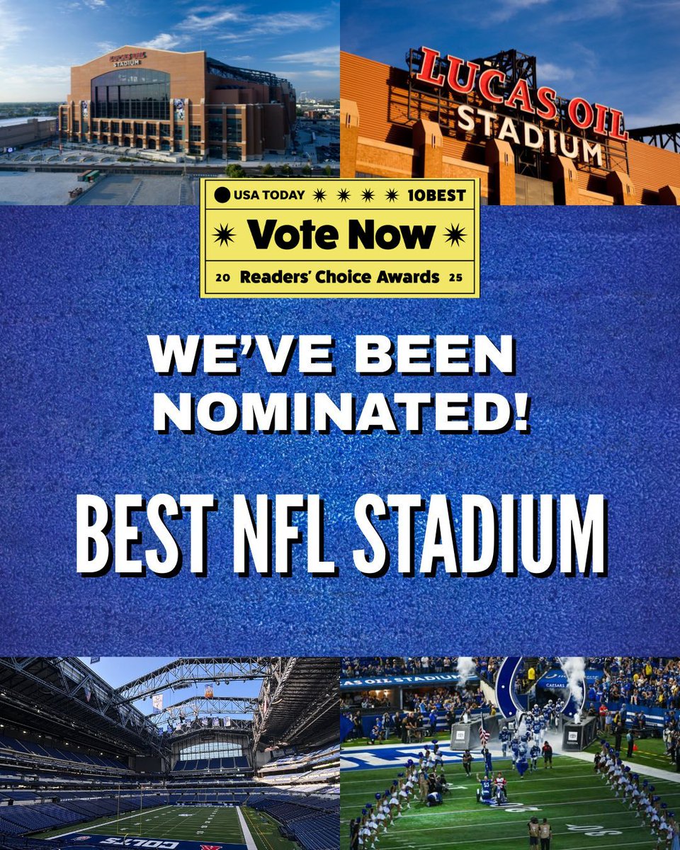 LucasOilStadium's tweet image. ICYMI - Lucas Oil Stadium has been nominated for USA Today’s Best NFL Stadium! 🏈✨ Think we’re the GOAT? 🐐💙 Cast your vote and help us bring home the W! We appreciate the love and support. 🙌
🗳️🔗 - bit.ly/3GWVWPE
 #LucasOilStadium #BestNFLStadium #USAToday #LOS