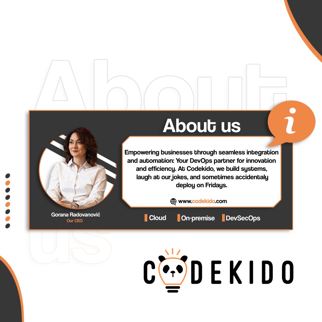 CodekidoDevops's tweet image. Just some information About us, you can always check out codekido.com !

#DevOps #Marketing #WomenInTech
