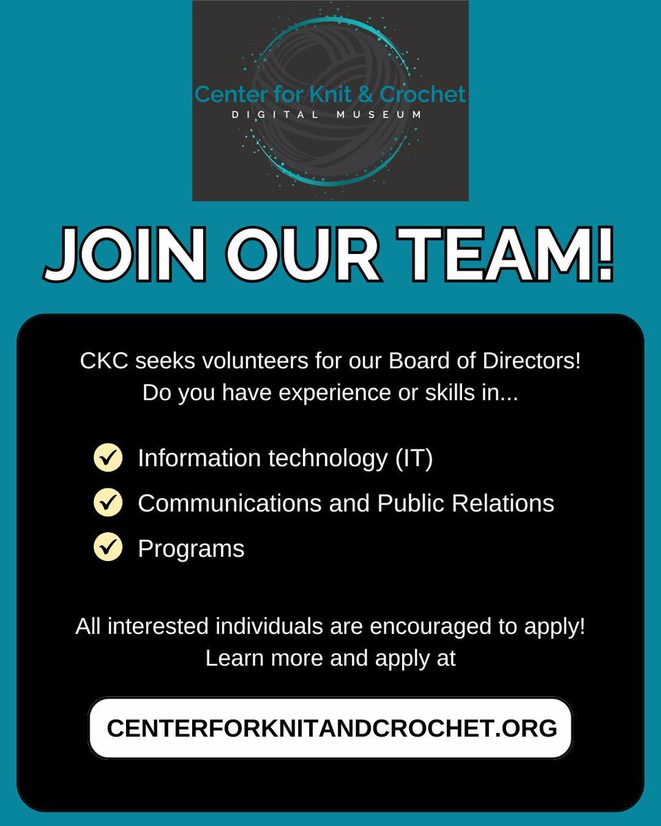 If you're passionate about the craft of #knitting and #crochet and looking for ways to help preserve the knowledge and creations of our craft community, consider joining our Board of Directors! Learn more at our link in bio or email nominations@centerforknitandcrochet.org.
