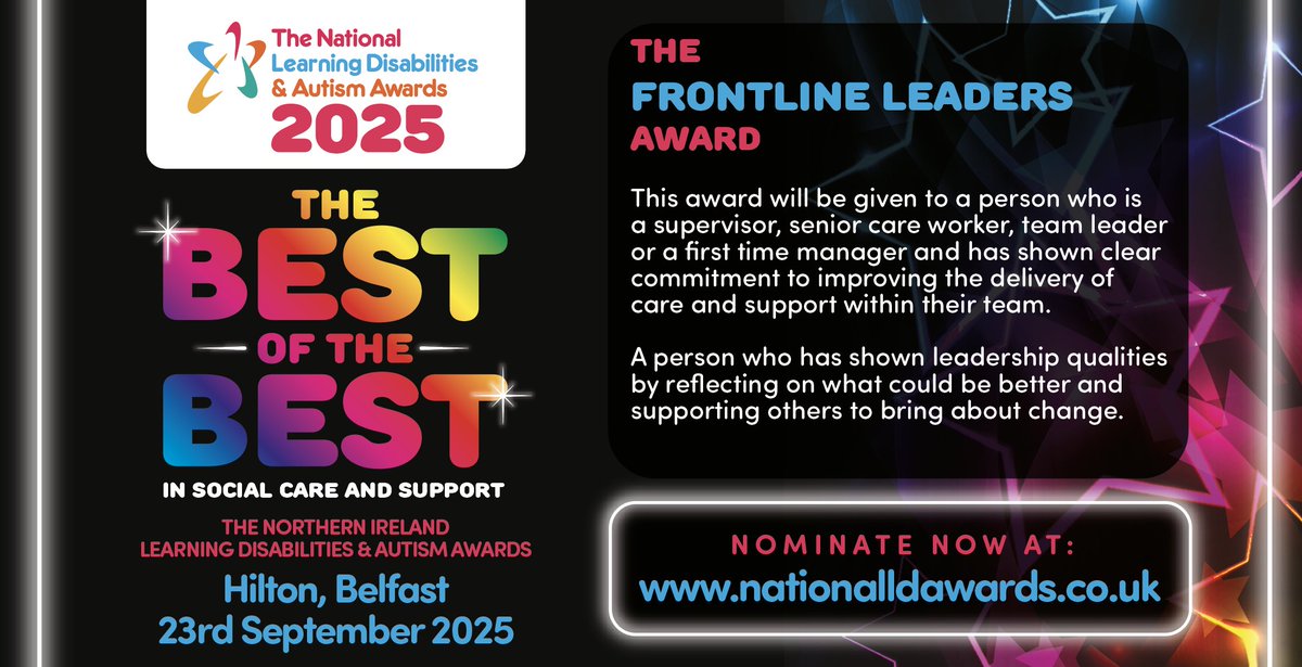 🌟 The Learning Disabilities &amp; Autism Awards – Northern Ireland 🌟

Nominate now 👉 bit.ly/4mcgUc8
🗓️ Nominations close 15th August – don’t miss out!

#LDAwardsNI #SocialCare