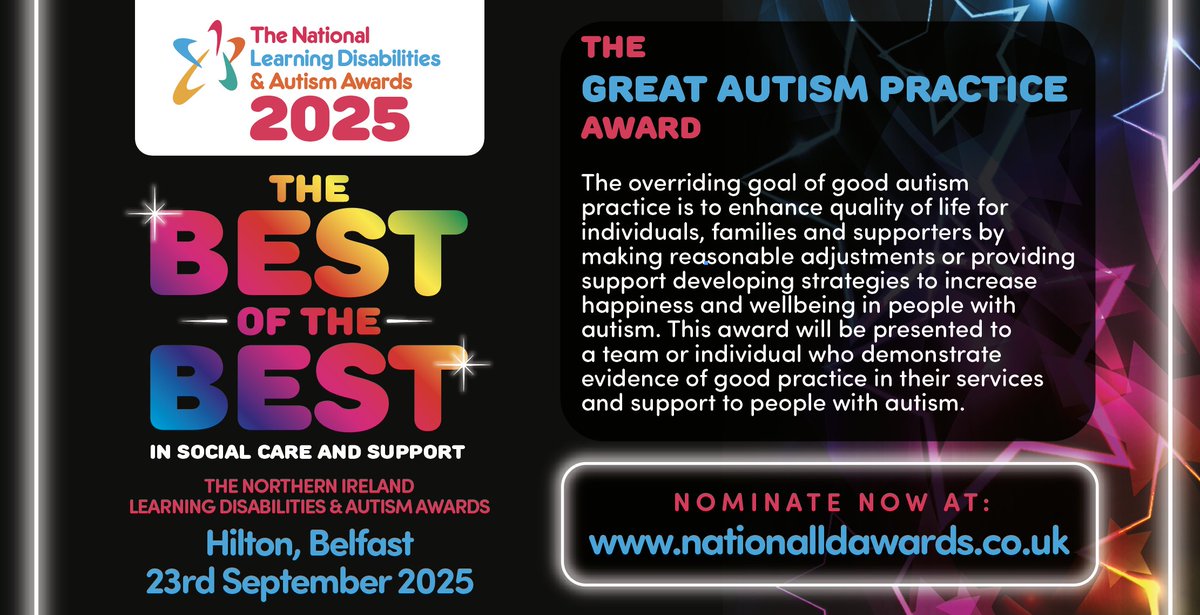 🌟 The Learning Disabilities &amp; Autism Awards – Northern Ireland 🌟

Nominate now 👉 bit.ly/4mcgUc8
🗓️ Nominations close 15th August – don’t miss out!

#LDAwardsNI #SocialCare
