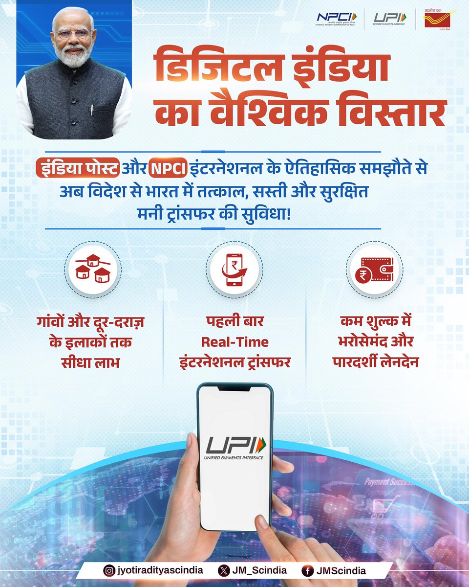 JM_Scindia's tweet image. आदरणीय प्रधानमंत्री श्री @narendramodi जी के ‘डिजिटल इंडिया’ विज़न को मिला वैश्विक विस्तार। अब प्रवासी भारतीयों और भारत में रह रहे विदेशियों के लिए मनी ट्रांसफर हुआ पहले से कहीं अधिक आसान, तेज़ और भरोसेमंद।
@IndiaPostOffice और @NPCI_NPCI इंटरनेशनल के बीच हुए ऐतिहासिक समझौते से…