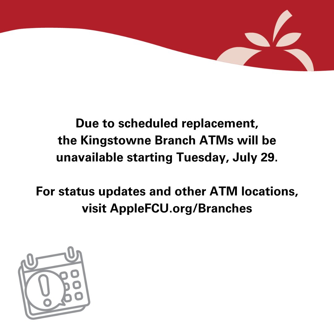 AppleFederalCU's tweet image. Beginning Tuesday, July 29, the ATMs at our Kingstowne Branch are scheduled to be replaced.  Thank you for your continued patience as we work to enhance your experience.
For more information on branch locations and status updates, please visit us at AppleFCU.org/Branches.