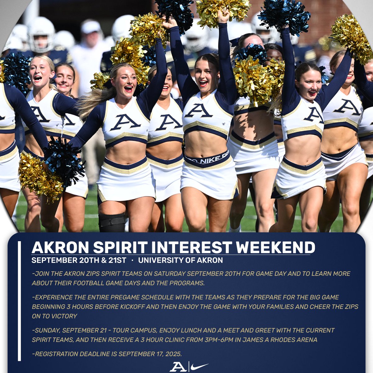 AkronZips's tweet image. Calling all high school cheerleaders and dancers 📞 Are you looking to take your talents to the next level? Join us for the Akron Zips Spirit Interest Weekend September 20th &amp;amp; 21st! Hit the link ⤵️ to learn more! 

🔗: loom.ly/X_9f25Y

#GoZips🦘 | @uakron