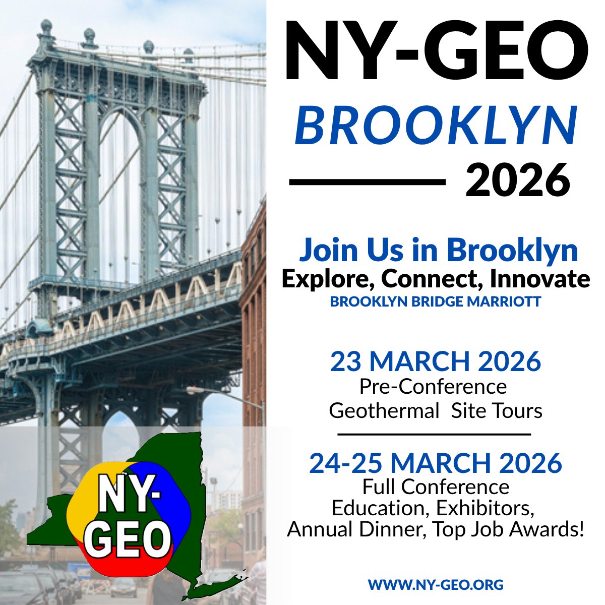 Brooklyn Bound!
Join us March 23-25, 2026
Day 1- Pre-Conference Geothermal Site Tours
Day 2 - Full day of education, exhibits, networking, Top Jobs Awards, and Annual Dinner
Day 3 - Full day of education, exhibits, and networking
Learn More ➡️ loom.ly/OjK8ZjI
LET'S GO GEO