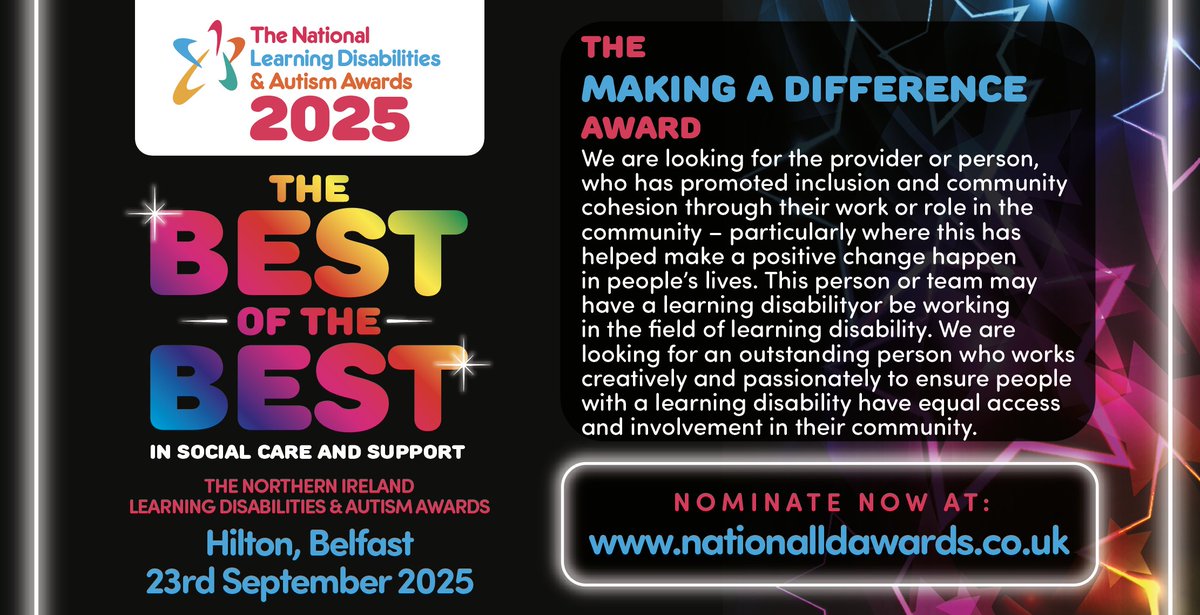 🌟 The Learning Disabilities &amp; Autism Awards – Northern Ireland 🌟

Nominate now 👉 bit.ly/4mcgUc8
🗓️ Nominations close 15th August – don’t miss out!

#LDAwardsNI #SocialCare