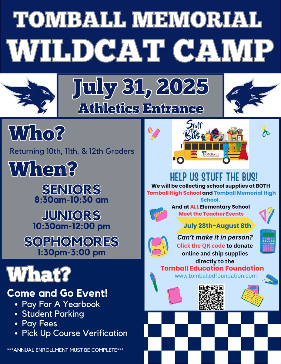TISDTMHS's tweet image. Don't miss this week's Wildcat Weekly! We also have lots of events coming up! We cannot wait to see you all on campus next week! Remember, all parking applications are due on Monday by 10:00am.
All events will now have an opportunity to bring school supplies to help support…