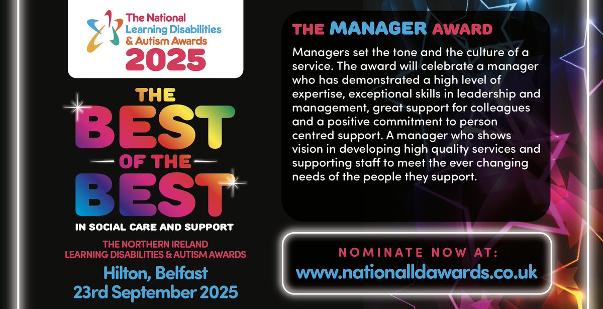 🌟 The Learning Disabilities &amp; Autism Awards – Northern Ireland 🌟

Nominate now 👉 bit.ly/4mcgUc8
🗓️ Nominations close 15th August – don’t miss out!

#LDAwardsNI #SocialCare