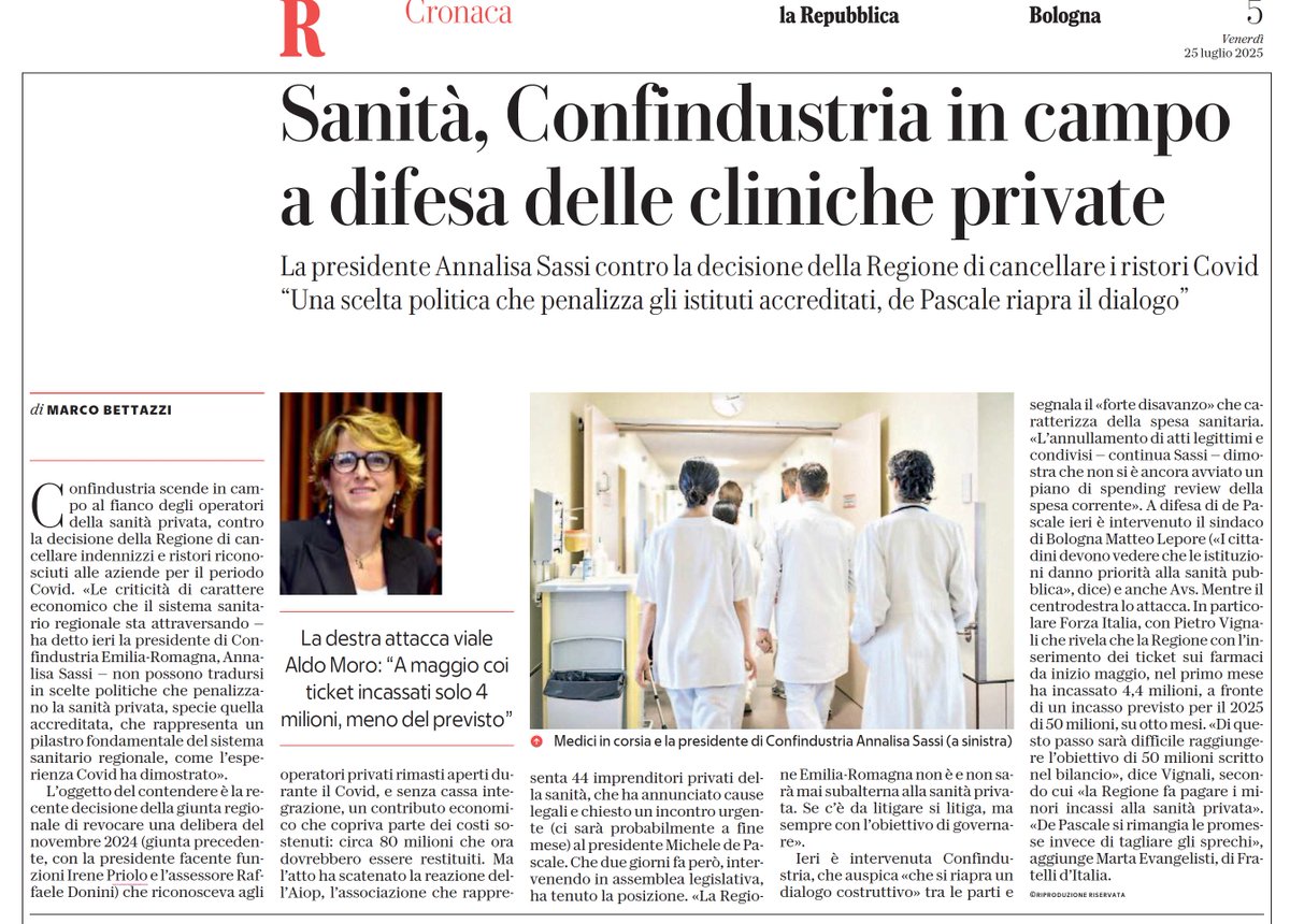 🗞️ Anche <a href="/rep_bologna/">Repubblica Bologna</a> dedica spazio alle dichiarazioni di <a href="/ConfindustriaER/">Confindustria Emilia-Romagna</a> dopo la decisione della <a href="/RegioneER/">Regione Emilia-Romagna</a> di tagliare i rimborsi Covid agli ospedali privati accreditati <a href="/AiopEmilia/">AIOP Emilia Romagna</a> .

Leggi l'articolo 👇

#aiopemiliaromagna #unasolasanità #Salutedeicittadini #sanità