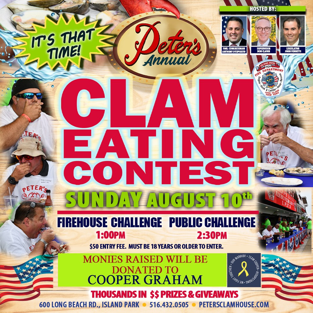 ANTHONYDESPO's tweet photo. Join us August 10 at Peter's Clam Bar for the legendary #ClamEatingContest!
It’s #ClamsForACause, raising money for Cooper Graham, a young warrior fighting a rare cancer.
Let’s show up big for Cooper and make every clam count! 🇺🇸👊
Register NOW 👇https://t.co/baZIv11kiS https://t.co/4gTDQaajDq