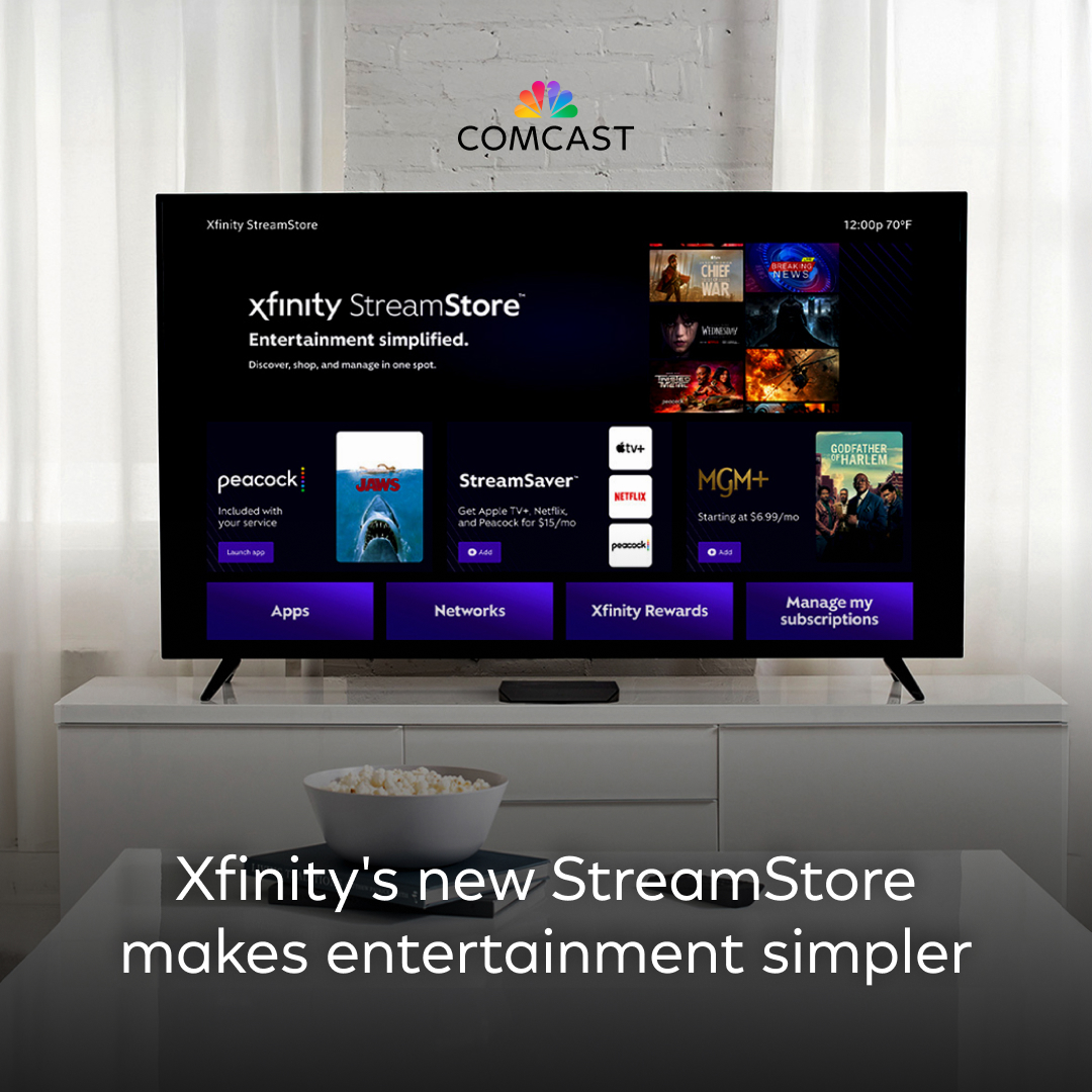 Comcast (@comcast) on Twitter photo Streaming just got even smoother with StreamStore from Xfinity — a one-stop shop for one of the world’s largest catalogs of entertainment, including 450+ streaming apps and channels and 200,000 movies and TV shows. 
Learn more about how we're making streaming easier than ever: Streaming just got even smoother with StreamStore from Xfinity — a one-stop shop for one of the world’s largest catalogs of entertainment, including 450+ streaming apps and channels and 200,000 movies and TV shows. 
Learn more about how we're making streaming easier than ever: