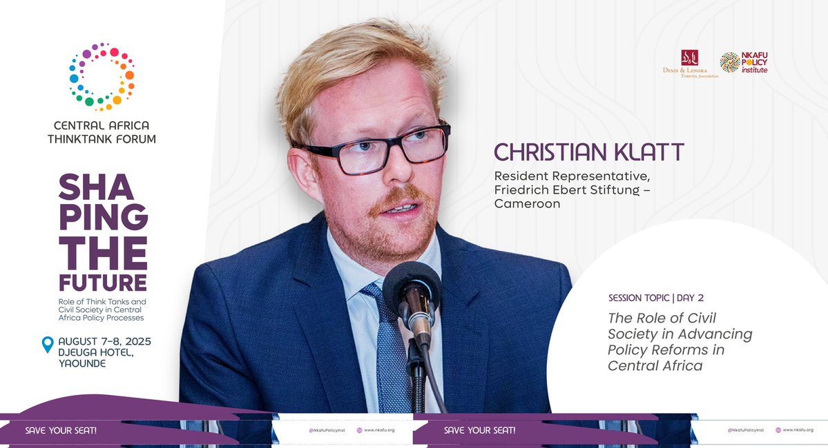 NkafuPolicyInst's tweet image. Excited to present Mr. Christian Klatt, R.R. of @FEStiftung as speaker at the #2025CATTF in Yaoundé. On Aug. 8, at Djeuga palace, he’ll share valuable insights on how #CSOs can reshape policy reform & deepen social #accountability in #CentralAfrica.
🔗nkafu.org/cattf-2025/