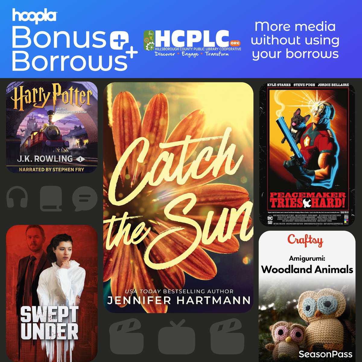 Use Hoopla's Bonus Borrows for the final days of the month to check out a great selection of extra eBooks, audiobooks, comics and movies available without using any of your monthly borrows.

Start borrowing today: ow.ly/i9iU50WqFxG