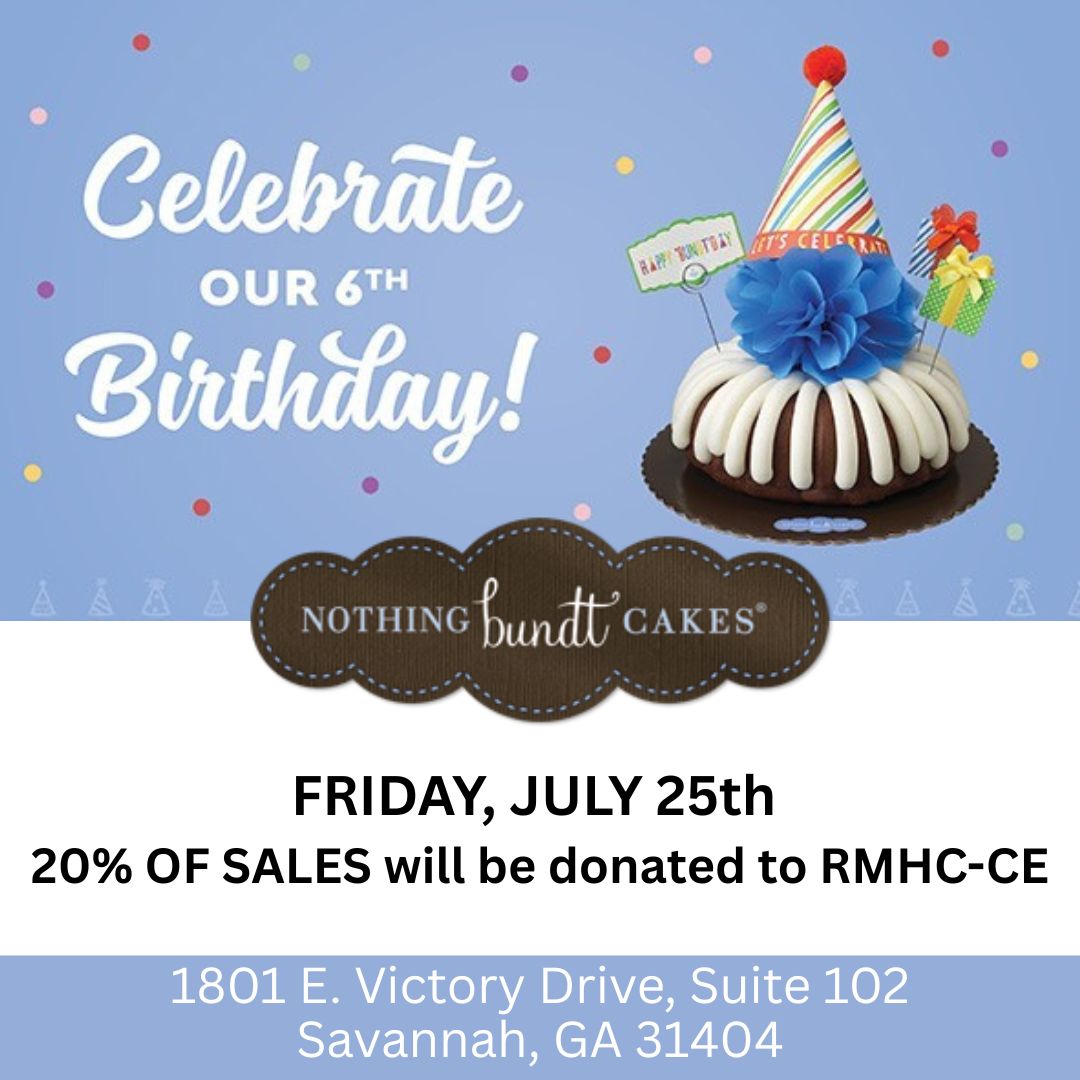 🎉 Bundt cake = good.
Bundt cake that gives back = even better! 🧁❤️

Today, 20% of all sales at @NothingBundt in Savannah benefit RMHC of the Coastal Empire!

📍1801 E. Victory Dr, Suite 102
#RMHCCoastalEmpire #NothingBundtLove #SavannahGA