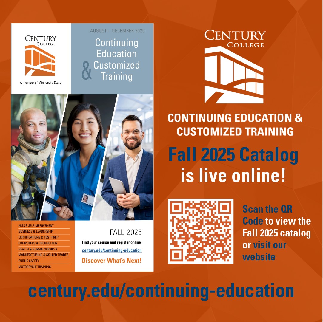 CenturyCollege's tweet image. 🍂 Our Fall 2025 Catalog is live! Discover new non-credit courses, certificate programs, and flexible online training at #CenturyCollege. Perfect for healthcare, public safety, manufacturing & business pros.
📲 Scan the QR code or visit: century.edu/continuing-edu…