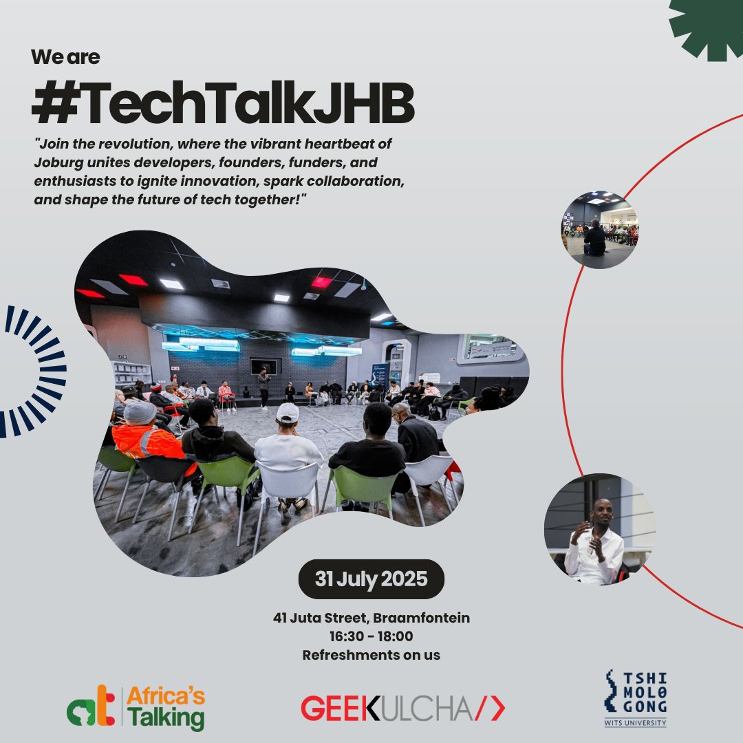 TshimologongIT's tweet image. Last month, we sparked bold convos on Africa’s tech future from policy to startups. This time, we dive into skills & solutions for growth.
🗓Thurs 31 July
🕟16:30–18:30
📍41 Juta St, Tshimologong
🔗RSVP: bit.ly/3DyTIEu
Featuring:
- WeThinkCode
- Lemi App
#TeckTalkJHB