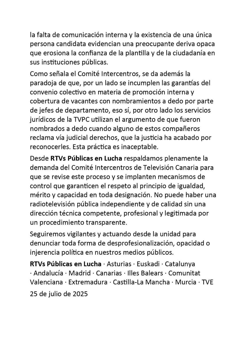 La plataforma “RTVs Públicas en Lucha” alerta sobre la falta de transparencia y criterios técnicos en el nombramiento de puestos direcvos en la Televisión Canaria
#RTVsPúblicasEnLucha
#RTVsPúbliquesEnLluita