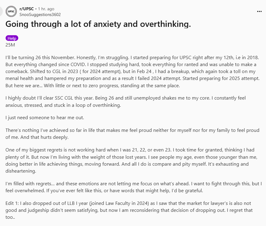 CseWhy's tweet image. Scariest part of #UPSC prep is right here!
Worst? "I just need someone to hear me out"
Too bad UPSC aspirants have no one to talk to about how they feel, always have good people around you.
It is IMPORTANT for your mental health.